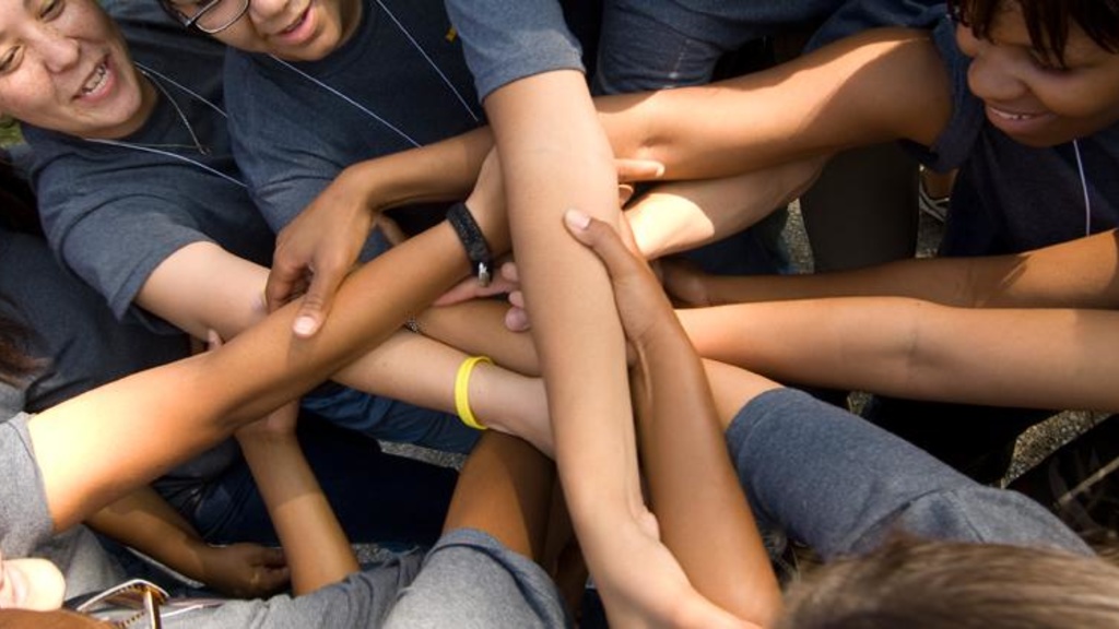 Photo of many arms and hands interlocking to demonstrate diversity on the UI campus