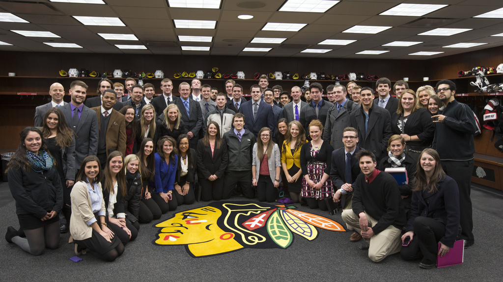 Students in the Recreation and Sport Business track in the Chicago Blackhawks locker room.