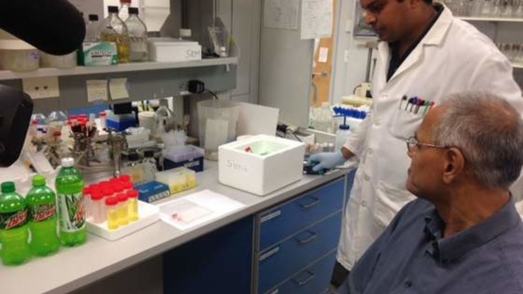 Professor Mani Subramanian and his colleagues demonstrate how caffeine dehydrogenase, when combined with a dye solution, can show the caffeine content in soft drinks. 