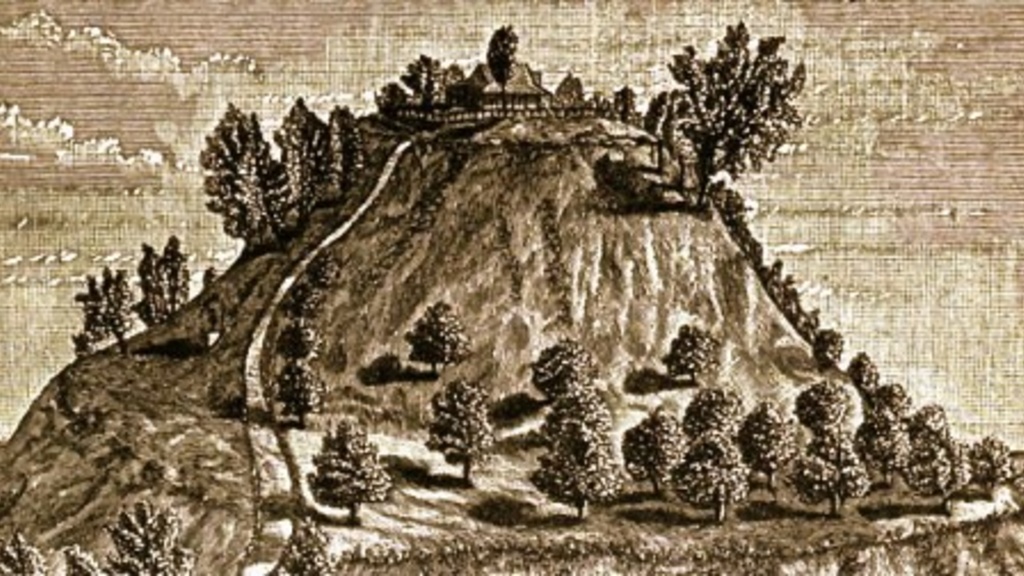 An 1887 print of an ancient site at Cahokia in present-day western Illinois