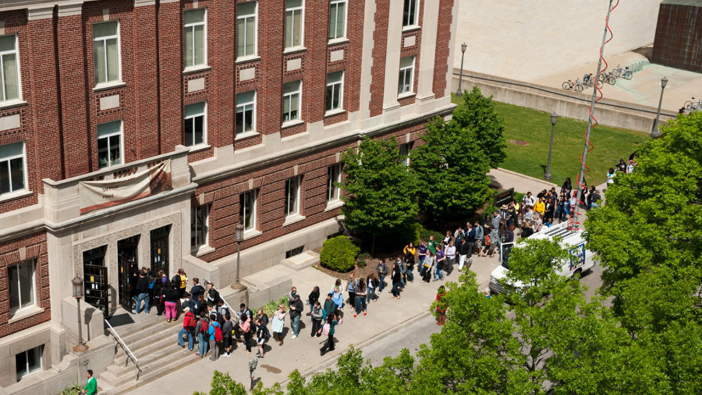 People lined up outside the Iowa Memorial Union