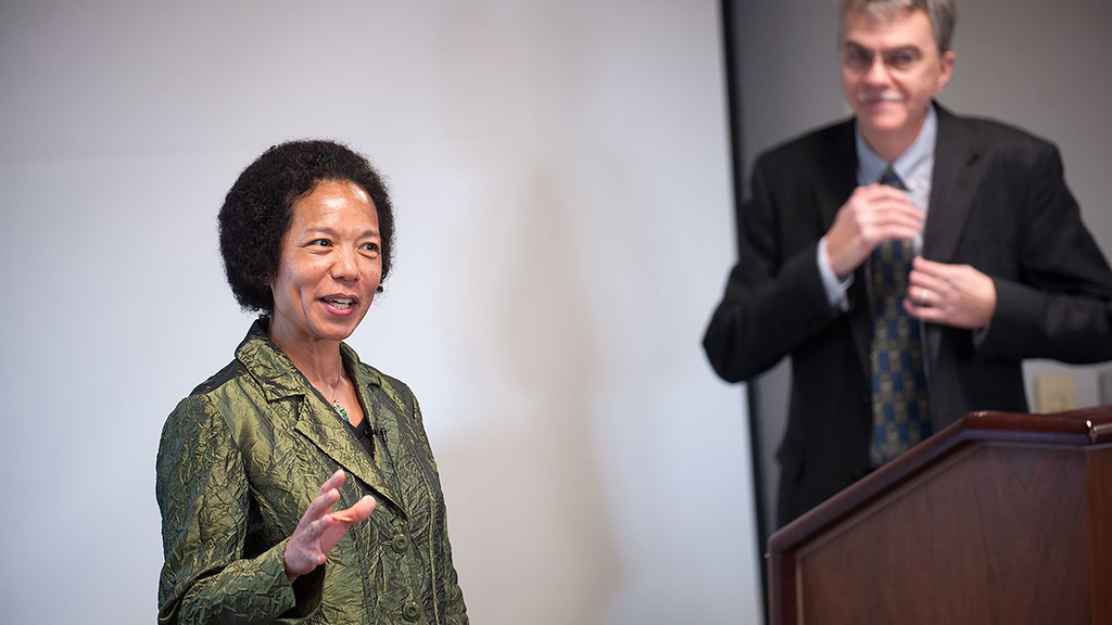 Georgina Dodge and Wayne Jacobson speak at the President's Forum