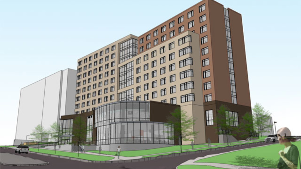 Architectural rendering--Eye level view from Grand Avenue of new west campus residence hall