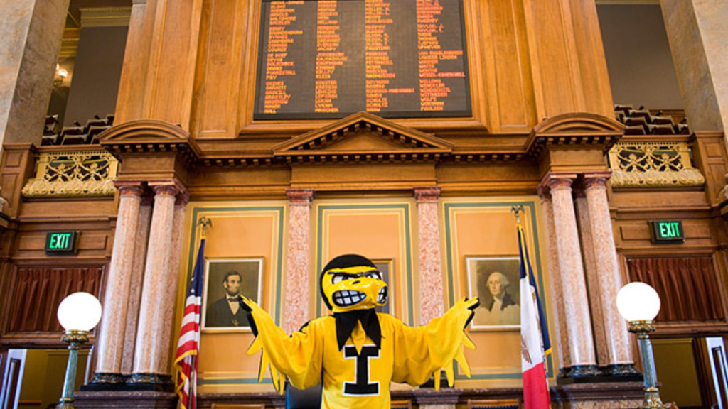 Herky at the state capitol in Des Moines
