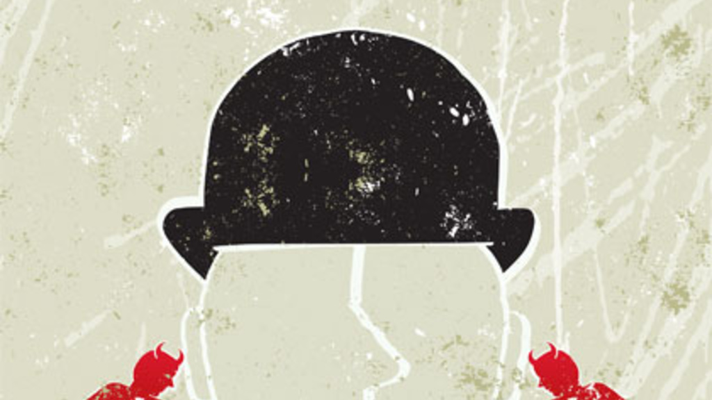 stylized illustration of two devils perched on the shoulders of a businessman