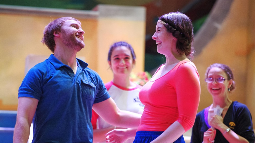 University of Iowa School of Music students Jordan Pullman and Tessa Hoffman rehearse their roles for their performance of Gilbert & Sullivan's "The Gondoliers" on Tuesday, June 30th. The comedic opera is being directed by Nicholas Wuehrmann and will perf