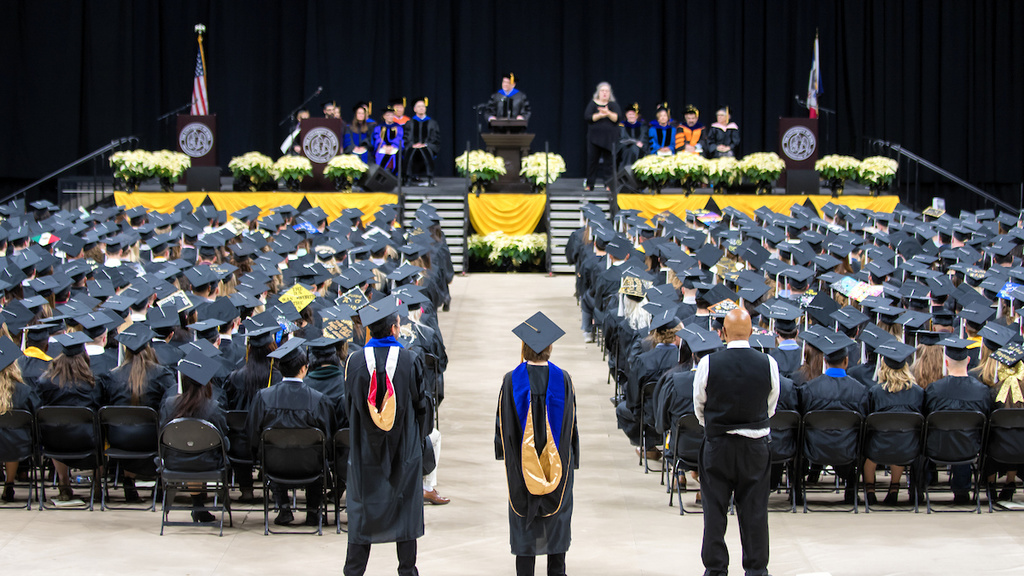 About 790 University of Iowa students received degrees during the College of Liberal Arts and Sciences and University College commencement ceremony on Dec. 17 at Carver-Hawkeye Arena.