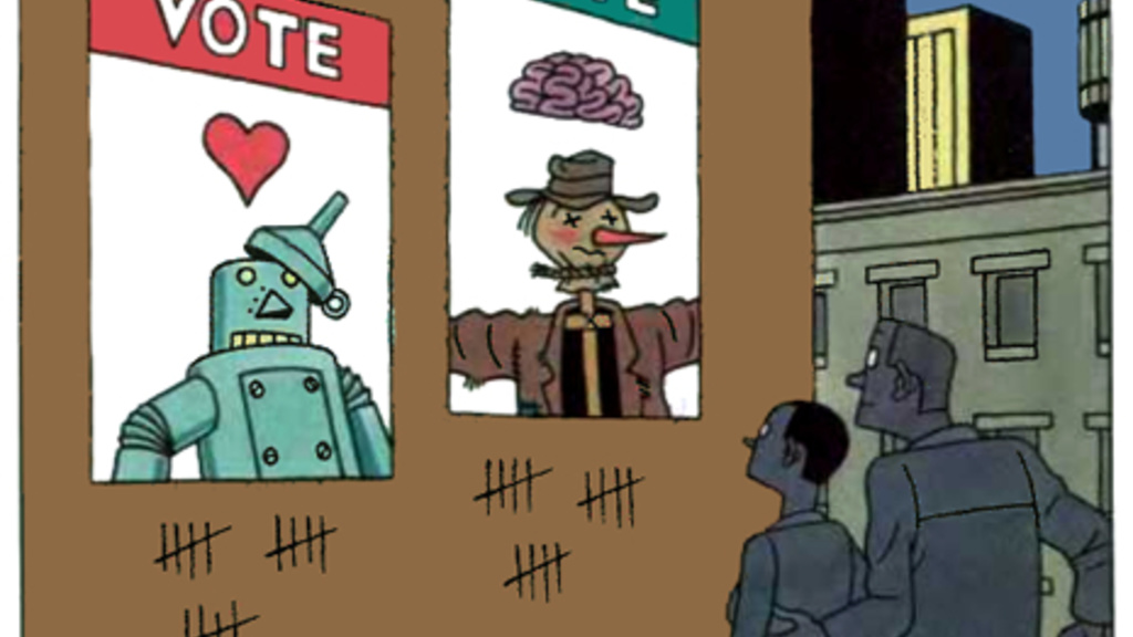 An illustration of a woman and man looking up at two posters, one showing a tin man voting with his heart and a scare crow voting with his head.