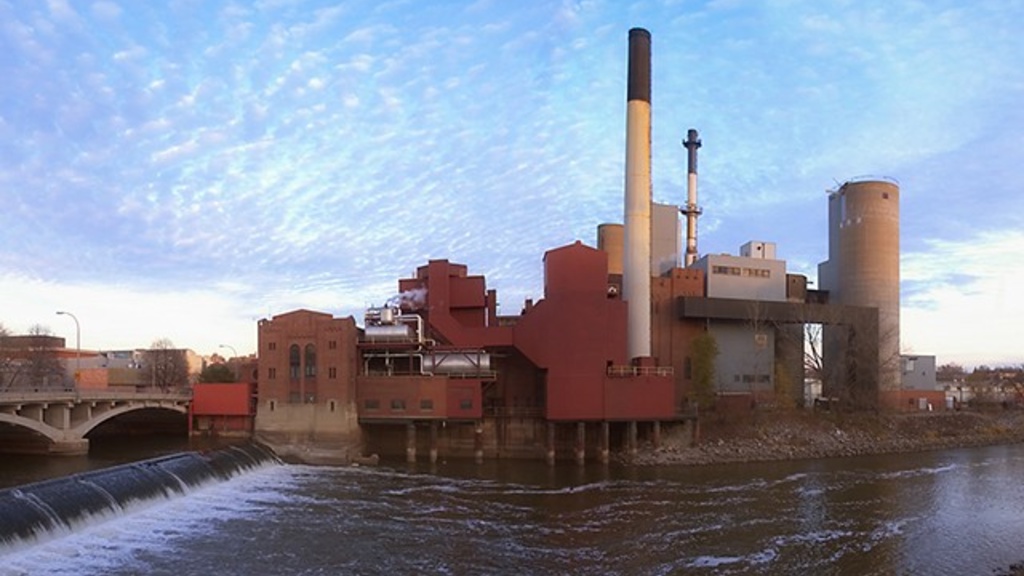 exterior of the old power plant and river