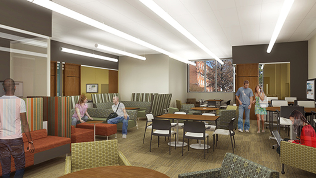 A study room in the learning commons of the new West Campus Residence Hall. Architectural renderings by Rohrbach Associates PC.