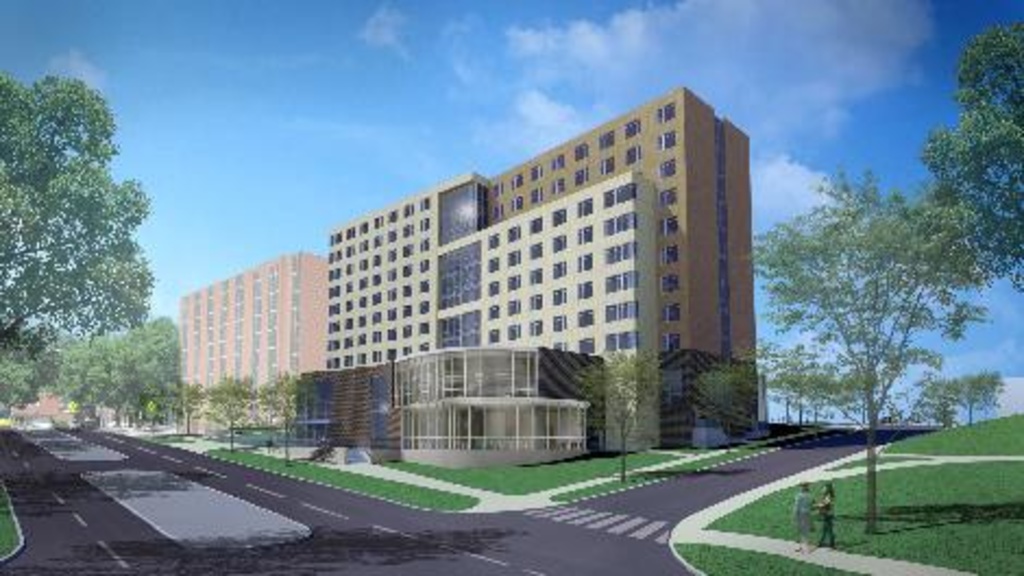 This artist rendering shows the concept for a new dormintory on the University of Iowa campus.
