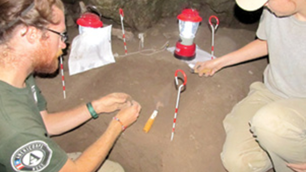 people kneeling on dirt with tools