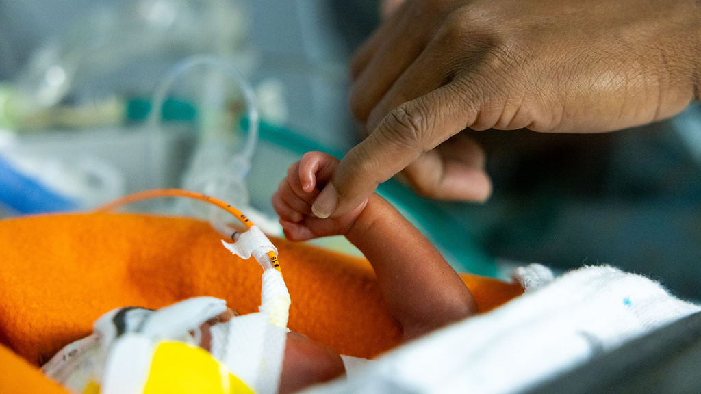 a preterm baby's hand touches an adult's finger