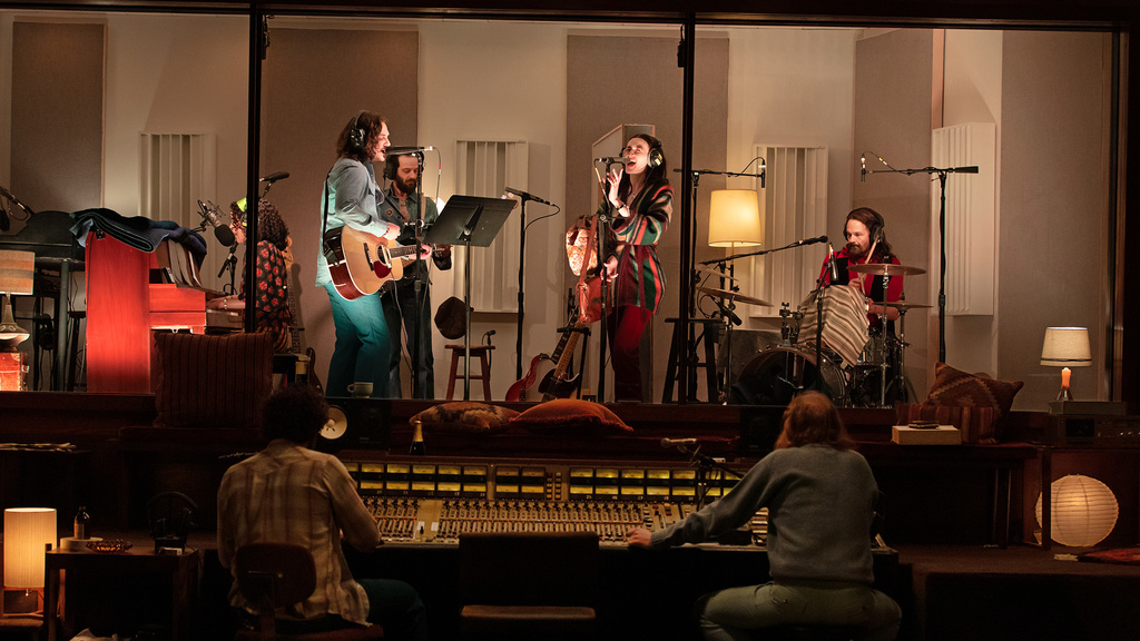 the cast of Stereophonic, a play by Iowa alumnus David Adjmi, shown in a recording studio