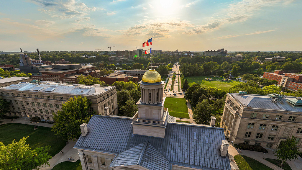 aerial shot of Old Capitol on the University of Iowa campus