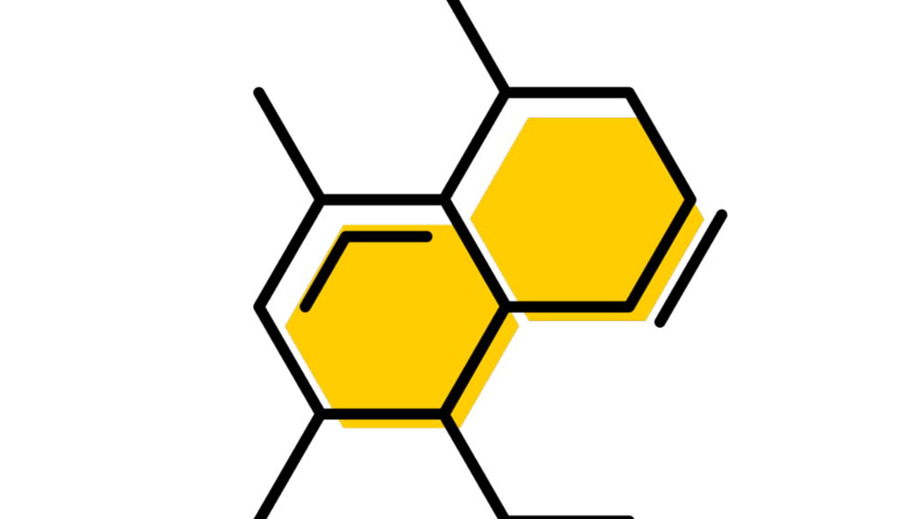 Two yellow hexagons with black lines coming out like connectors. Representing chemicals