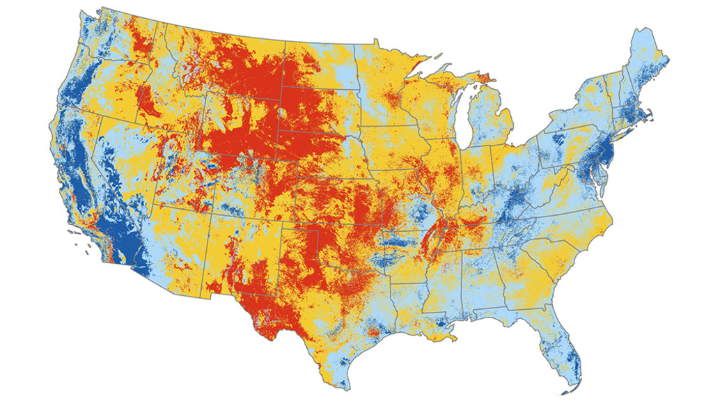 a map of the united states with color levels that indicate surface ozone levels. high concentrations can be found in the western plains and eastern rocky mountain range