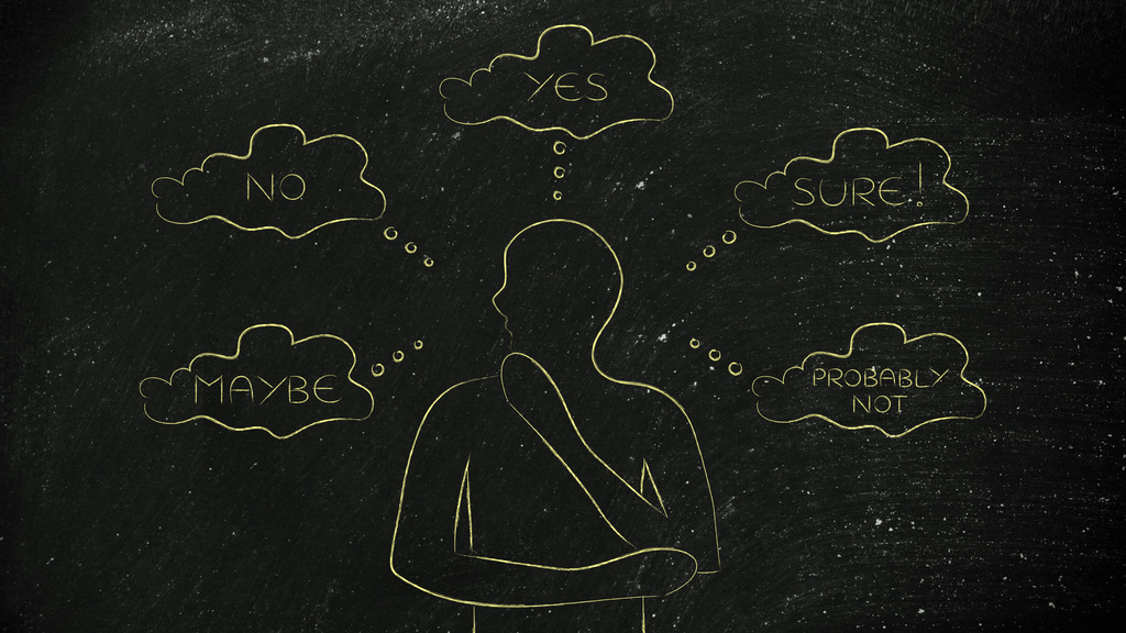 Graphic depicting an individual deciding between maybe, no, yes, sure, and probably not